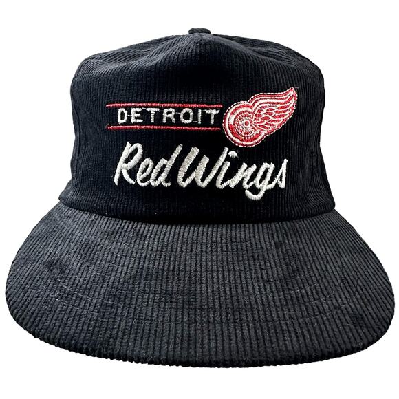 Vintage NHL Detroit Red Wings Black Corduroy Snapback Hat Excellent Condition - Picture 1 of 10